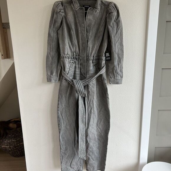 Express Pants - Express Puff Sleeve Tie Waist Gray Wash Denim Jumpsuit Womens 4